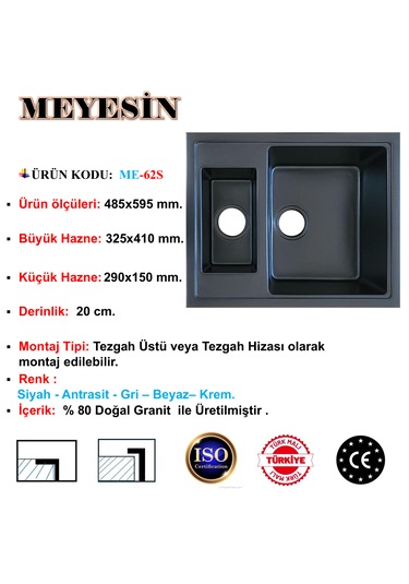 Meyesin ME-62S Granit 1.5 Göz Mutfak Evyesi Siyah 485 x 595 MM