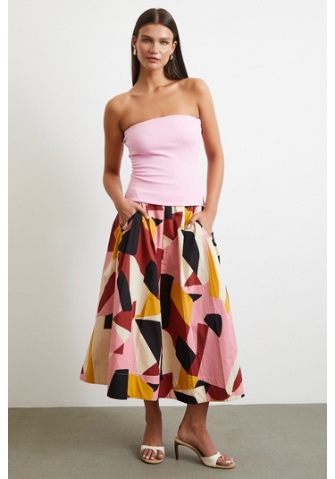 Desenli Midi Etek Pembe Pembe