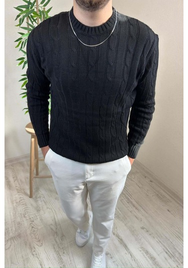 Erkek Siyah Örgülü Slim Fit Bisiklet Yaka Triko Kazak Siyah