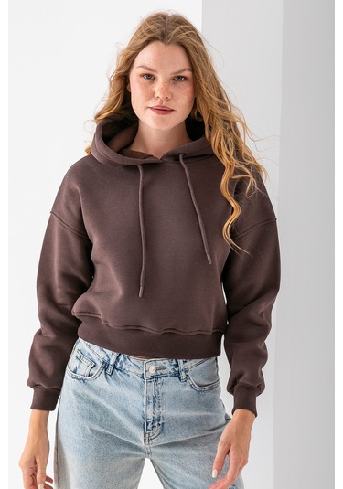 Kadın Kapüşonlu 3ip Şardonlu Crop Sweatshirt Kahverengi - 2612 Kahverengi