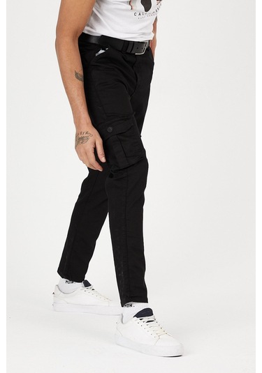 Siyah Renk Körüklü Paçası Lastiksiz Kargo Pantolon Siyah