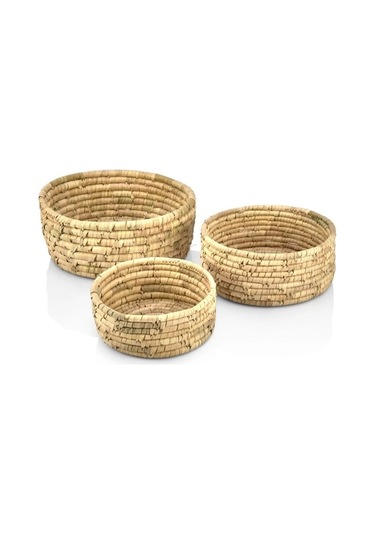 Dekoratif Yuvarlak Hurma Hasır Sepet 3 Lü Set