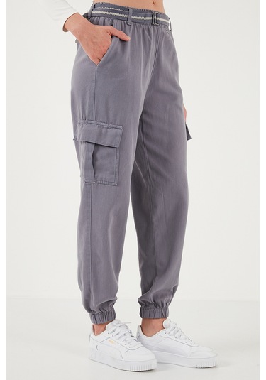 Lela Pamuklu Standart Fit Normal Bel Lastikli Paça Kemerli Jogger Bayan Pantolon 668Yp5045 Gri