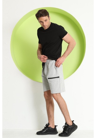 Erkek Fermuar Detaylı Şort Gri Melanj