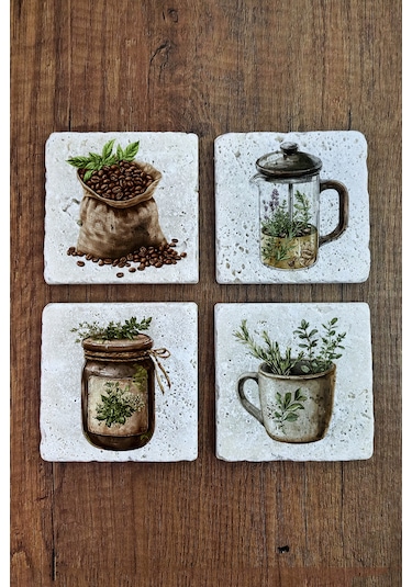 Doğal Taş Bardak Altlığı -kahve Temalı 10x10cm - Stone Coasters Çok Renkli