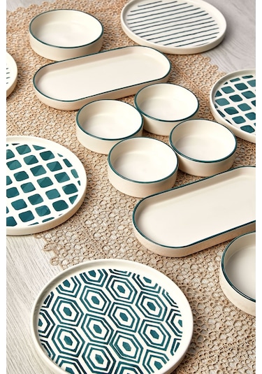 Kitchen Life 14 Parça 6 Kişilik Neometric Stackable Kahvaltı Takımı -  Kahvaltılık  Sunum Tabağı Yeşil - Beyaz