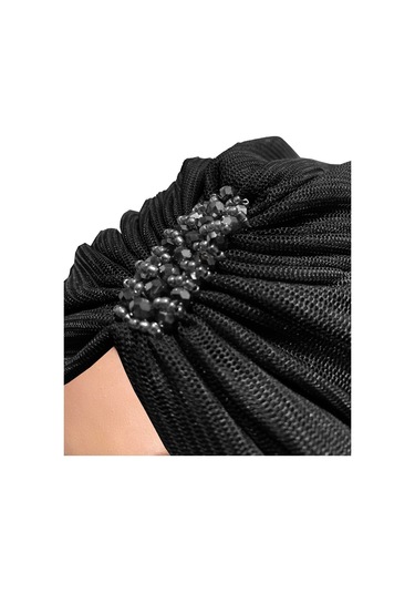 Dizayn Tüllü Kristal Taş İşlemeli Çift Taraflı Astarlı Siyah Hazır Türban Tesettür Abiye Bone Siyah