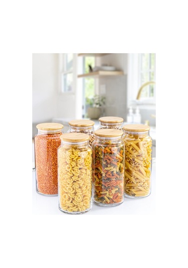 Zone - 6'lı Cam Saklama Kabı 1300ml Vakumlu Bambu Kapaklı Kahverengi