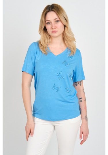 Ella Camelia Kadın Kelebek Şekilli Taş Süslemeli V Yaka Kısa Kollu Bluz 24e047 Mavi Mavi