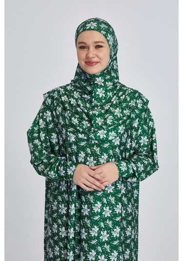 Pratik Tek Parça Manolya Desenli Namaz Elbisesi Zümrüt Zümrüt Yeşili