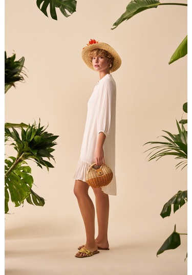 Düğmeli Mini Elbise Beyaz