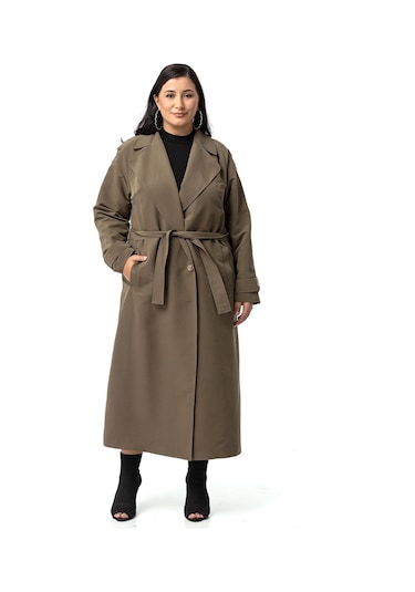Büyük Beden Mono Yaka Kruvaze Kapamalı Yırtmaçlı Astarlı Uzun Haki Trençkot-haki Haki