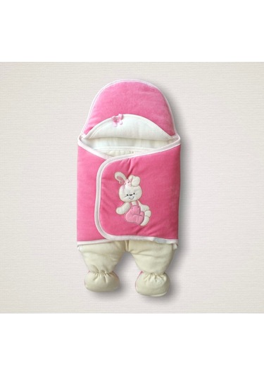 Yenidoğan Kadife Kumaş Ayıcık Nakışlı Şapkalı Kız Erkek Bebek Ayaklı Kundak Bebek Battaniyesi Pembe