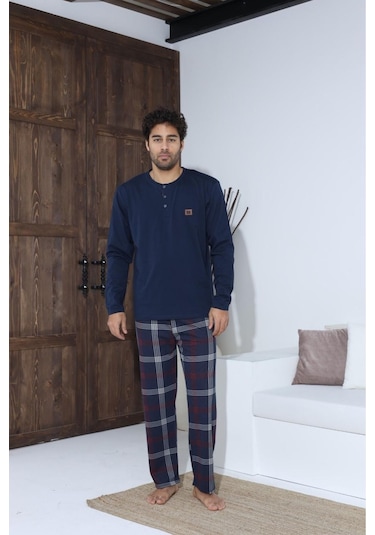 Lukitus Sıfır Yaka Düğmeli Pamuklu Erkek Pijama Takımı Lacivert Byrz70015-l Lacivert