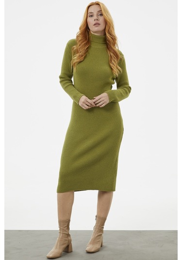 Tam Balıkçı Fitilli Midi Boy Triko Elbise - Yeşil 001