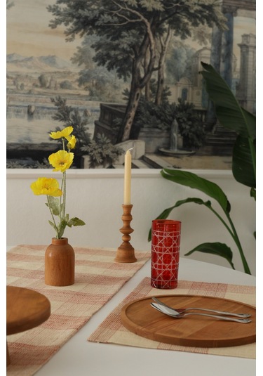 Yakacihome Juta Kırmızı 5 Parça 4 Parça Amerikan Servis & 1 Parça Püsküllü Runner Jüt Kumaş Sofra Seti Kırmızı