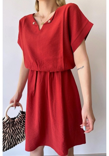 Kadın Mercan Kısa Kol, Kalp Yaka, Dokulu Desen, Bele Oturan, Aerobin Lastikli Bel Midi Elbise Mercan