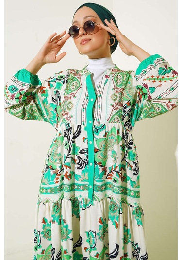 Bigdart 2423 Otantik Desenli Tesettür Elbise - Yeşil