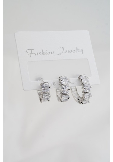 Kadın Altın Kaplama Baget Zirkon Taşlı Figürlü 3 Boy Küpe Seti - Gümüş