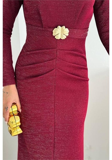 Neşeli Butik Kadın Kol Vatkalı Toka Detaylı Drapeli Maxi Elbise Nbk4358 Bordo