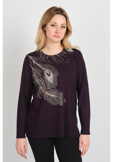 Detay Triko Kadın Taş İşlemeli Ve Desenli Bisiklet Yaka Uzun Kol Anne Bluz 5721 Mürdüm Mürdüm