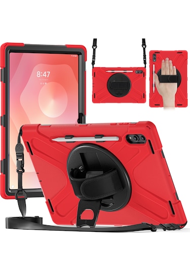 Samsung Galaxy Tab S11 Ultra Kickstand Kılıf Tpu Pc Silikon Tablet Kılıfı Ve Omuz Askısı - Kırmızı Tablet Kılıfı