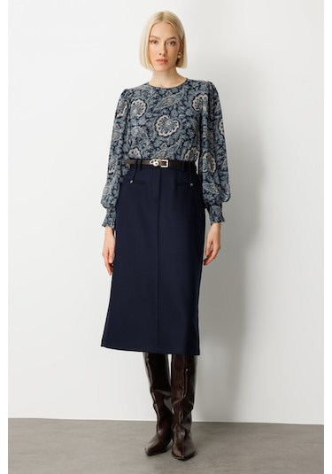 Ekol Kadın Beli Kemerli Yırtmaçlı Midi Etek 2009 Lacivert Lacivert