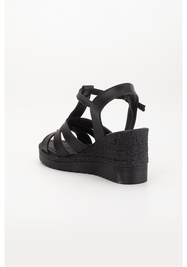 Kadın Dolgu Topuk Sandalet Ayakkabı Siyah 3 Bantlı Baretli-3936 Siyah