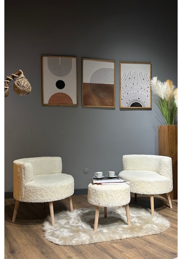 Elegant Comfort Çay Seti Ve Peluş Ikili Berjer & Puf Takımı - 3'lü Set