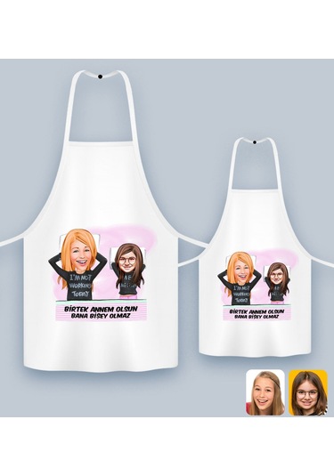 Bk Gift Kişiye Özel İkili Anne Kız Karikatürlü Mutfak Önlüğü Seti-1, Anneye , Anneler Günü leri