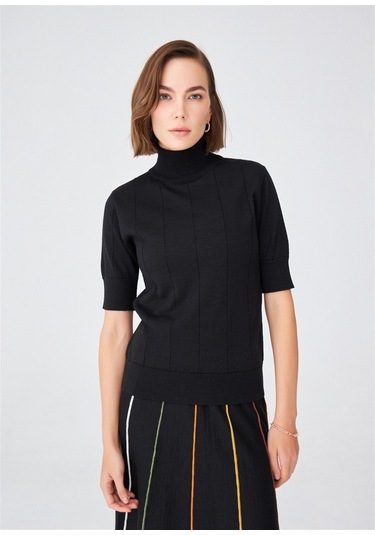 Peraluna Balıkçı Yaka Kısa Kollu Basic Kadın Triko Bluz Siyah-Siyah