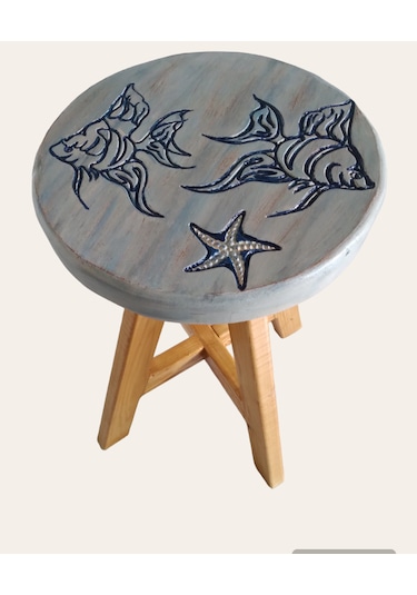 Sea Stoll Tamamı Ahşap El Yapımı Deniz Temalı Tabure