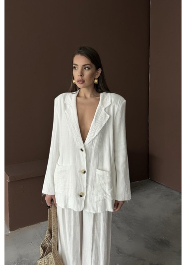 Beyaz Oversize Müslin Takım Çok Renkli