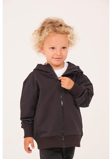 Zeyland Unisex Çocuk Basic Kapüşonlu Ceket - Siyah Siyah