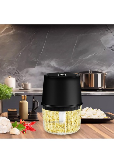Elektrikli Sarımsak Doğrayıcı, Şarj Edilebilir, Taşınabilir Kablosuz Gıda Doğrayıcı Siyah