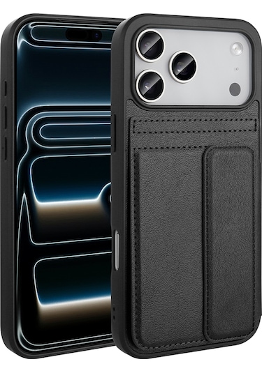 Apple Uyumlu iPhone 17 Pro Max Kılıf Pu Deri Kartlıklı Sevilla Kapak Siyah