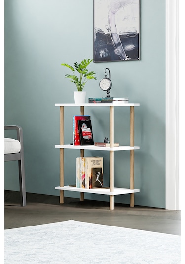 Dekoratif 3 Raflı Ahşap Ayaklı Kitaplık Yan Sehpa Beyaz