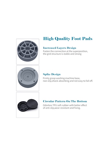 Fosenze 4 Adet Yüksekliği Artıran, Kaymayı Ve Titremeyi Önleyen Ev Aleti Paspası - Islaklıktan Koruma, Gürültüyü Azaltma, Gri Renk Gri