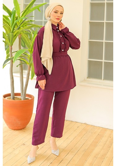 Fırfır Yaka Tunik Pantolon İkili Takım 930 - Mürdüm