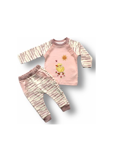 0-3 3-6 6-9 Ay Süslü Ördek Nakışlı Uzun Kollu Sweatli 2li Kız Bebek Takımı Pembe
