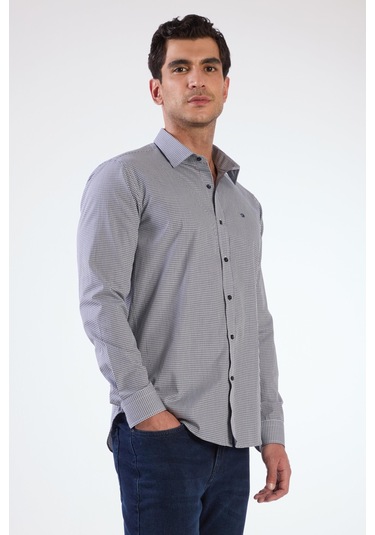 Lacivert Pamuklu Kare Desen Regular Fit Erkek Gömlek Lacivert