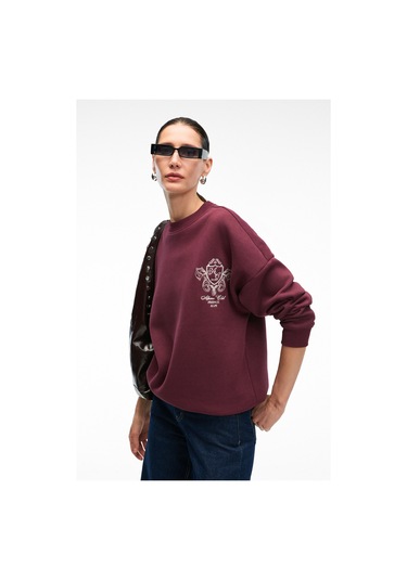 AUDRA Kadın Oversize Yuvarlak Yaka Nakış Detaylı Bordo Sweatshirt