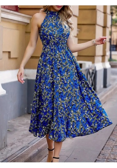 Kadın Omuzlardan Açık Daire Yaka Desenli Maxi Süprem Elbise Mavi