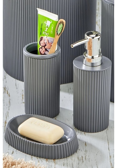 Line 3 Parça Yuvarlak Lavabo Seti - Sıvı Sabunluk Katı Sabunluk Diş Fırçası Antrasit