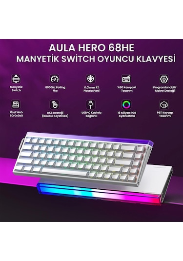 Aula Hero 68 He Manyetik Klavye Rapid Trigger Jade King Switch 8000hz Rgb Neon Tkl Hot Swap Oyuncu Klavyesi Beyaz