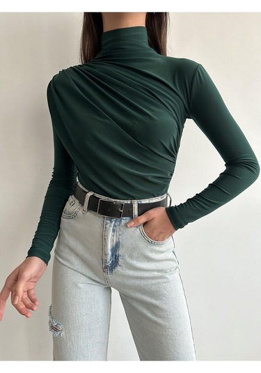 Kadın Büzgü Detaylı Dik Yaka Sandy Bluz Zümrüt