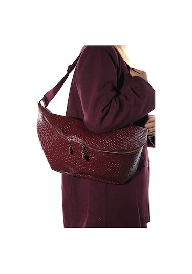 Venta Bordo Örgü Kadın Büyük Bel Çantası Bordo
