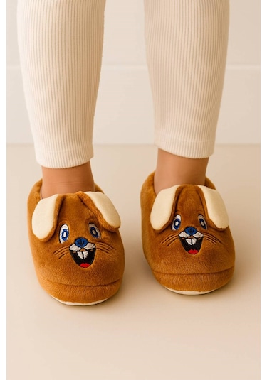 Günlük Kız Erkek Çocuk Panduf Tavşan Figürlü Desenli Taban Yumuşak Esnek Kreş Ayakkabısı Ev Botu 361 Kahve