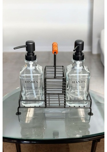 Morponi Kulplu Standlı 2'li Cam Sabunluk Seti Metal Siyah Siyah