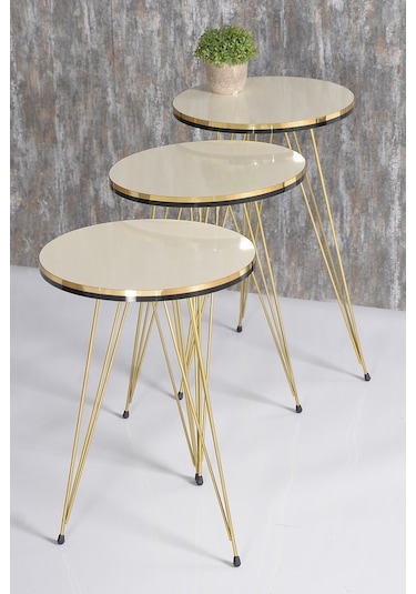 Zigon Sehpa Ve Orta Sehpa Elips Set Çift Gold Krem Tel Ayak